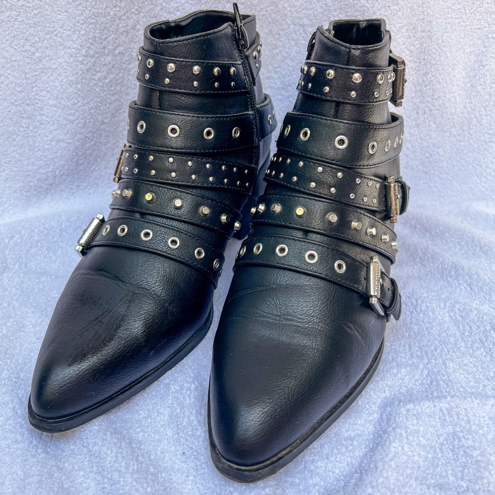 Black Leather Ankle Boots with Studded Straps